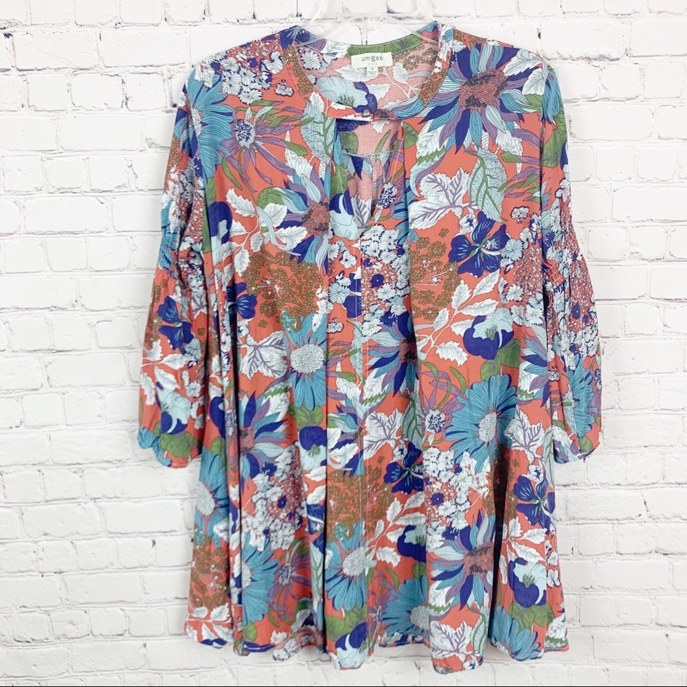 Umgee Floral Trapeze Dress Boho Tunic Size Medium